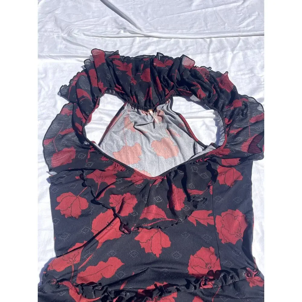 Free People Austyn Red Floral Black Goth Boho Bell Bottom Ruffle Jumpsuit Med